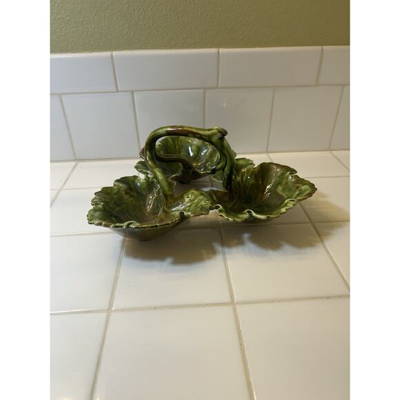 Vintage MCM Style 3 Leaves Handled Candy Dish Greens Browns Mullins Ceramics‎ KY - Picture 5 of 7